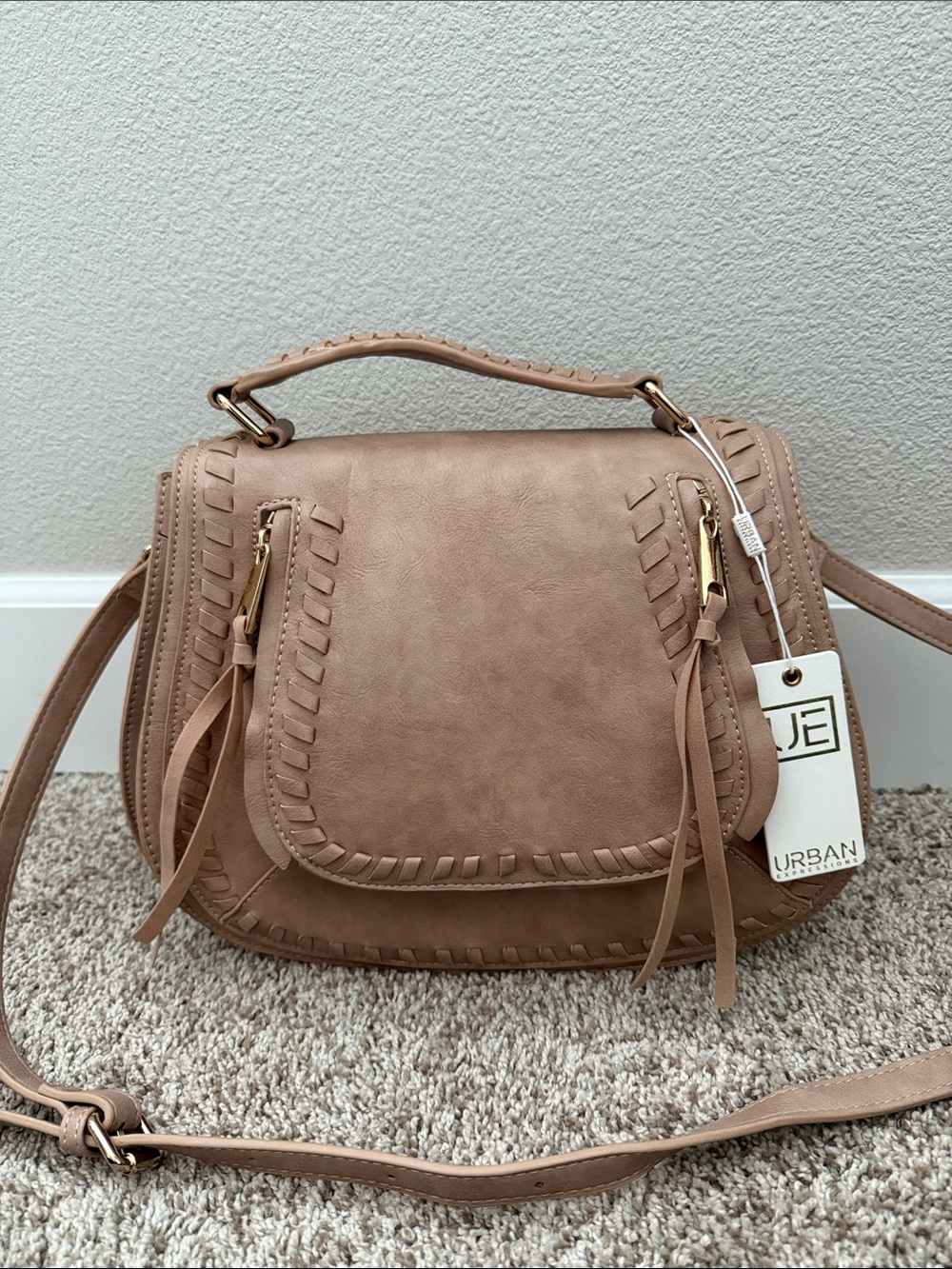 NWT - Urban Expressions Taupe Crossbody with Woven Trim (vegan)